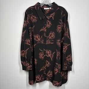 Susan Graver Women Dark Floral Button Up‎ Tunic Top Size 26W Black Coral Office